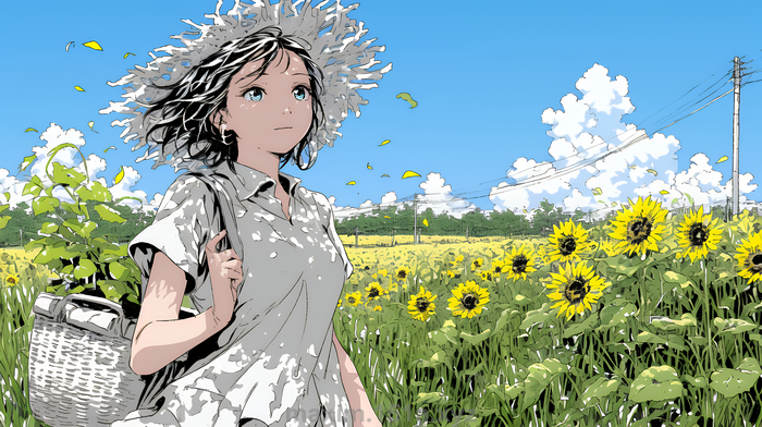 ひまわりと若い女性