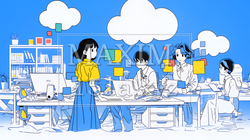 ITビジネスとクラウド技術のコンセプト｜ノートPCで働くチームとデータネットワークのイメージ | 1000522-17253
