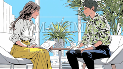 企業で若い女性社員と男性社員が打合せをしている