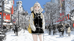 雪の積もる冬の都会を散策している若い女性