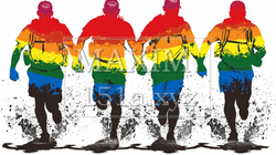 LGBT：虹色のボーダーの屈強な男たちが手をつないで走り寄って来る姿で表現