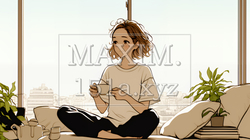 リビングで紅茶を飲んでいる女性（シンプルな色使い）