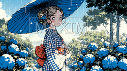 あじさいの小径を和服で歩く若い女性｜1055898-16222