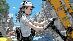 建設現場で重機を操作する若い女性 | 1030226-16981