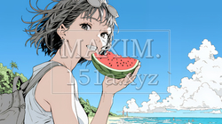 スイカを海辺て食べている若い女性 | 1035324-9883
