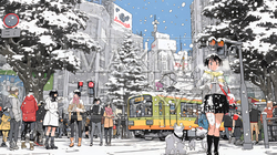 雪の積もる冬の都会を散策している若い女性