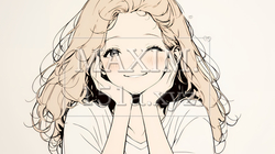 「うふふ」と微笑んでいる若い女性（シンプルな色使い）