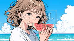 スイカを海辺て食べている若い女性 | 1047182-9896