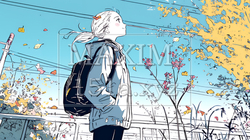 紅葉の秋の公園を歩く若い女性｜1054526-17573