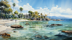 夏の離島の海岸風景：水彩画