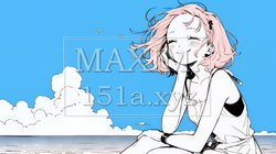 一人旅の若い女性と夏のビーチの風景（シンプルな色使い）
