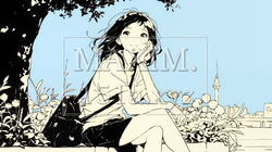公園のベンチでひとり静かにくつろぐ若い女性（シンプルな色使い）｜1078332-15758