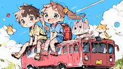 小学生の夏の思い出：電車に乗って家族旅行（クレヨン＋水彩画風）