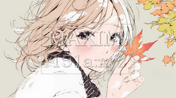 落ち葉をつまんで眺める若い女性｜秋を感じる女性のイラスト（パステル調）｜
