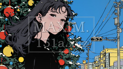 ホワイトクリスマスの街を歩く若い女性