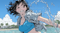 ビキニ姿で沖縄の海で水と遊んでいる若い女性