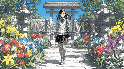 満開の春の花々と若い女性