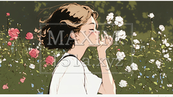 バラ園を散策している若い女性（シンプルな色使い） | 1101361-11045
