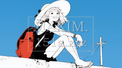 一人旅の若い女性と夏の海辺の風景（シンプルな色使い）