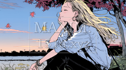 秋の夕暮れと紅葉と若い女