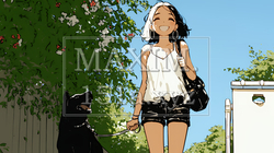 愛犬と散歩している若い女性（シンプルな色使い）｜1104681-3835