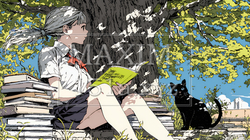 読書の秋：紅葉の木の下で本を読んでいる若い女性｜166879-5890