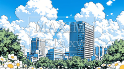 都市の町並みと夏の青空