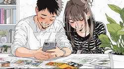 幸せそうに一緒にスマホを見る若いカップル｜1151222-14786