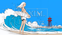 一人旅の若い女性と夏のビーチの風景（シンプルな色使い）