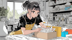 引っ越しの荷造り・荷解きをしている若い女性 | 114645-14928