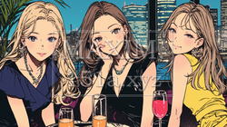 女子会：気の合う女友達が集まり、酒を交わし、おいしい食事をしながら、仕事の話や恋バナをしている