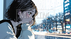 思案・反省・諦め；窓から流れ落ちる雨粒を見つめる若い女性 | 1151311-15312