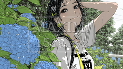アジサイと梅雨の長雨と若い女性｜1173229-9209