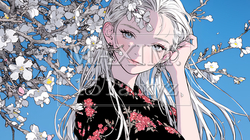 梅花と和服姿の若い女性