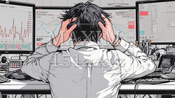 金融市場の急激な変イラスト、151a-azp、ビジネス、金融市場、男性、ビジネ動で頭を抱えている男性