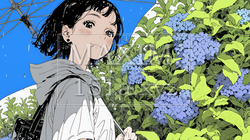 アジサイと梅雨の長雨と若い女性｜1208312-4136