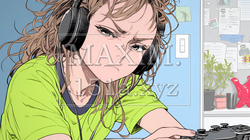対戦型テレビゲームに没頭している若い女性 | 1175308-13435