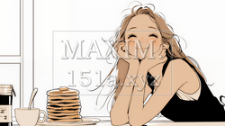 早朝のダイナー（喫茶店）でパンケーキ（モーニングセット）を食べる若い女性（シンプルな色使い）｜528783-15625