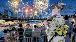 都会の花火大会と浴衣姿の若い女性