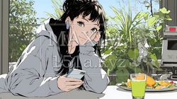食事の最中もスマホを手放せない若い女性 | 1184085-12553