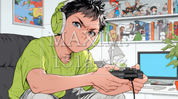 対戦型テレビゲームに没頭している若い男性 | 1184864-13429