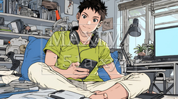 自宅の部屋でスマホをいじくっている若い男性