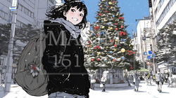 ホワイトクリスマスの街を歩く若い女性 | 1206778-6617