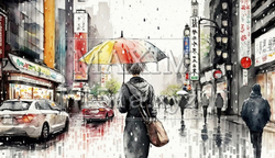 雨の東京の街角を女性が歩いている：水彩画