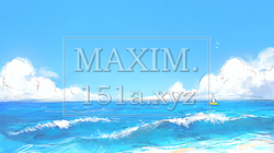 夏の青い空と青い海と白い雲のコントラスト（クレヨン＋水彩画風）
