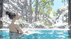 露天風呂に浸かっている若い女性 | 1239997-15375