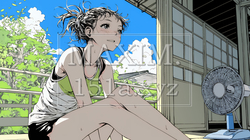 暑い夏の昼下がり、扇風機にあたって涼んでいる若い女性 | 1257772-10751