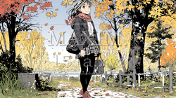 水辺の紅葉の小径を散策している若い女性｜1282498-17575