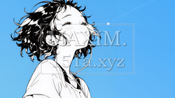 ぼんやり空を見上げている若い女性（シンプルな色使い）