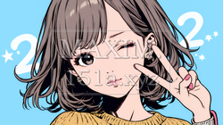 アイドルのように顔の横でピース＋ウィンクしている若い女性 | 1289251-14759